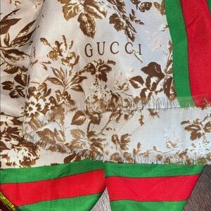 Gucci Beige Floral Scarf with Red and Green Accents